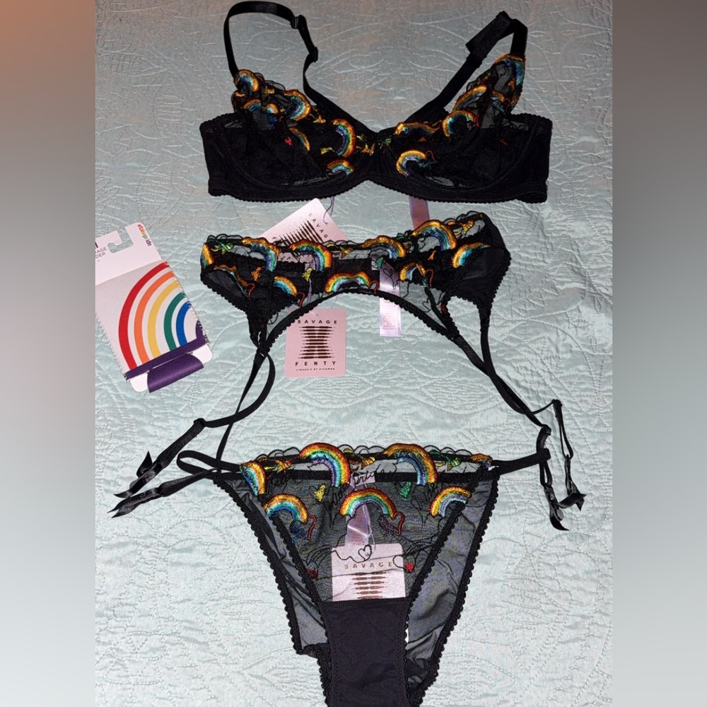 Savage X Fenty Black with Rainbow Embroidery Bra Set